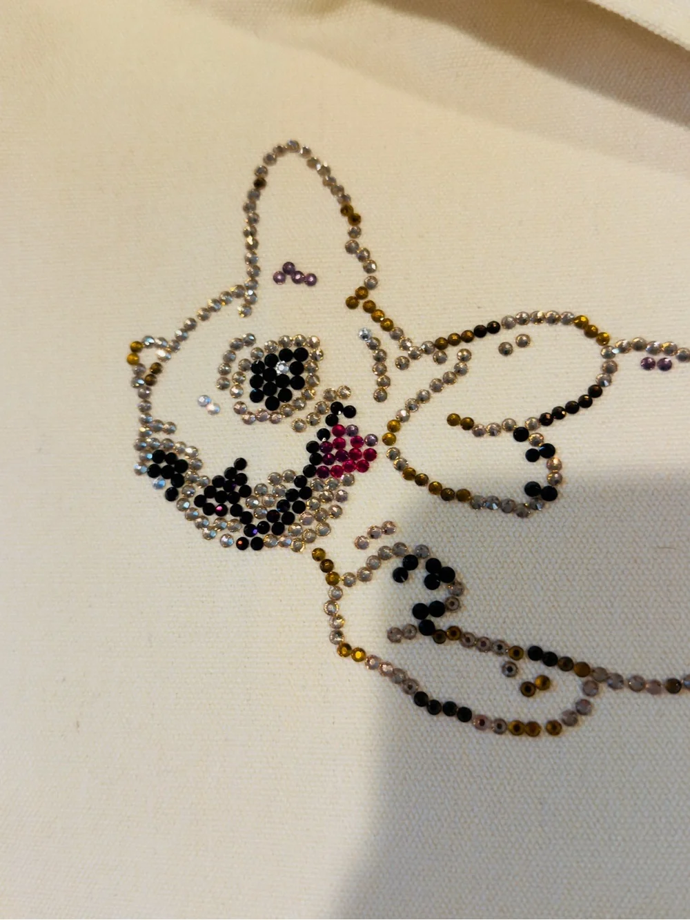 Canvas puppy Dog Tote Bag with bling French Bulldog. Zipper & pocket.